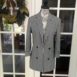 Bershka Black & White Gingham Open Front Blazer Jacket, 3/4 Sleeve Size S